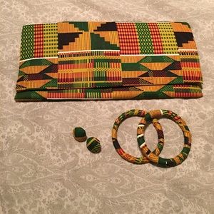 African clutch bag, bracelets, & earrings set